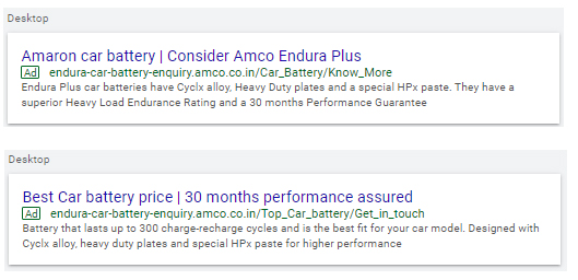 Search ads for battery manufacturing company 